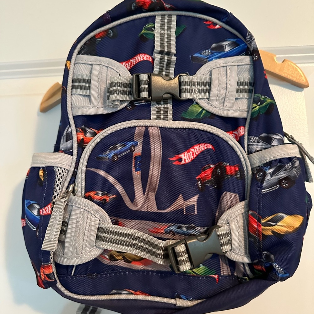 Pottery Barn Kids Navy Hot Wheels Print Backpack with Multicolor Cars